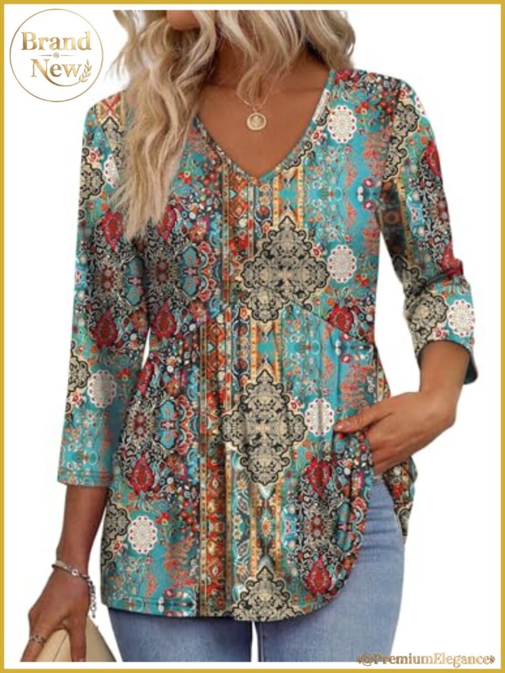 3/4 Sleeve V-Neck Babydoll Top Womens Dressy Casual Flowy Blouse Tunic